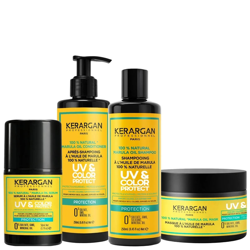 Kerargan - Complete UV Protection Marula Oil Hair Care Set for Dry & Color-Treated Hair - Shampoo, Conditioner, Mask & Serum - Sulfate-Free, GMO-Free, Mineral Oil-Free - 3x250ml + 1x50ml