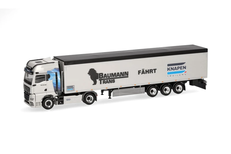Herpa truck model MAN TGX GX walking-floor semitrailer "Baumann/Knapen", on a scale of 1:87, plastic miniature, made in Germany, model building, collectors edition