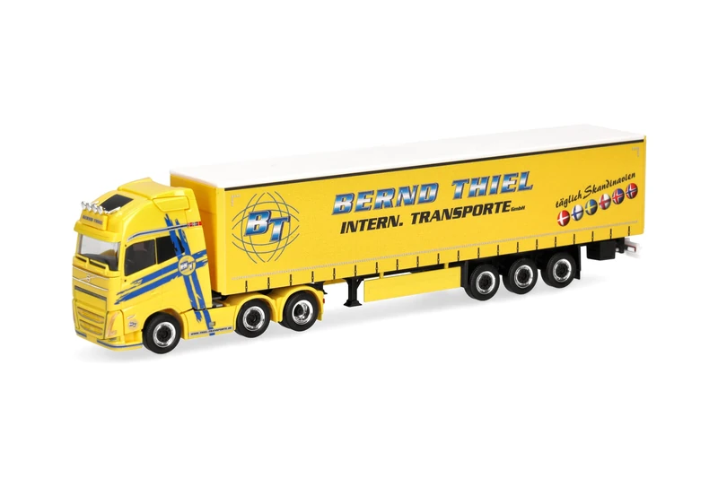 Herpa truck model Volvo FH GL XL 2020 6x2 curtain canvas semitrailer "Bernd Thiel Transporte", on a scale of 1:87, plastic miniature, made in Germany, model building, collectors edition