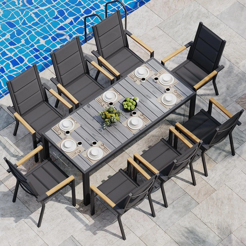 JUMMICO Garden Furniture Set Patio Set Aluminium Frame with Wood-Look PS Tabletop Comfortable High-Back Chairs Easy Assembly