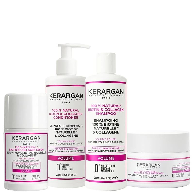 Kerargan - Biotin & Collagen Volumizing Shampoo, Conditioner, Mask & Serum Set for Flat, Fine and Dull Hair - Volume & Shine - Sulfate-Free & GMO-Free - 3x250ml + 1x50ml