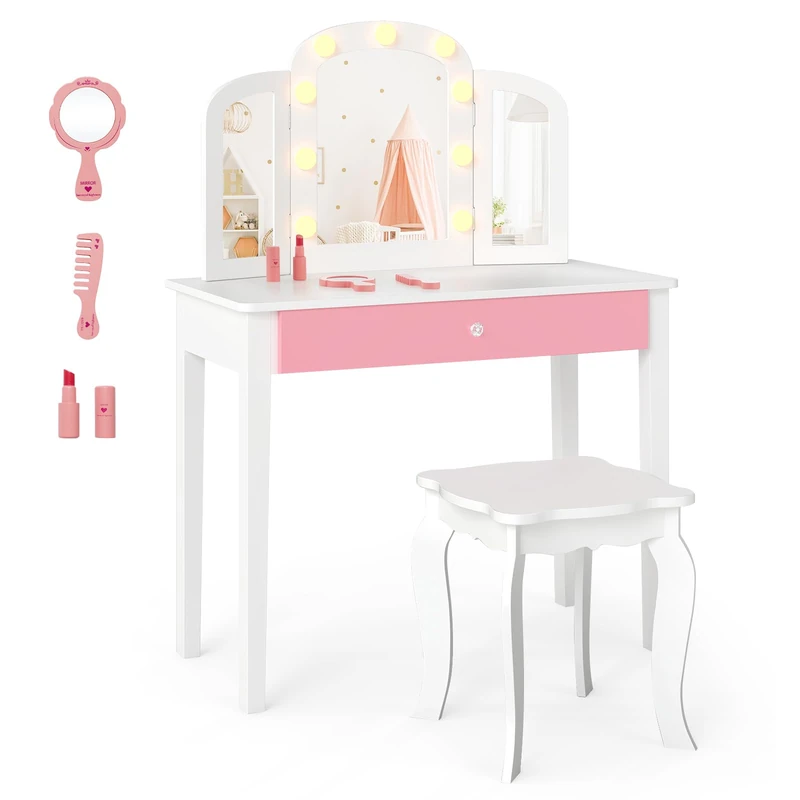 GYMAX Kids Vanity Table and Stool Set, Wooden Children Dressing Table with Tri-folding Mirror & Drawer, 2 in 1 Girls Makeup Dresser for Bedroom (White, With Lights) - Image 1
