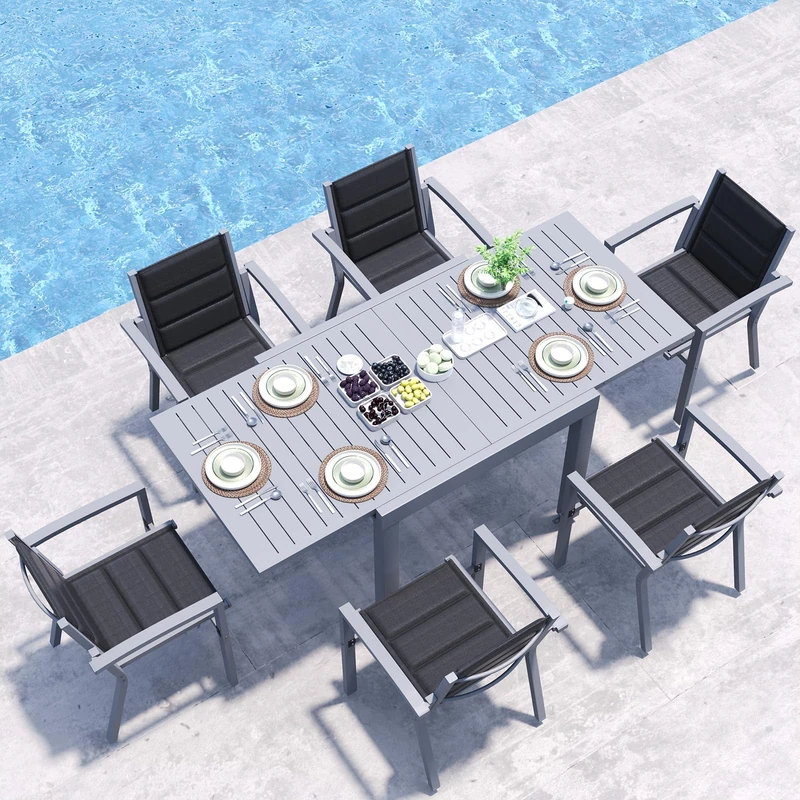 JUMMICO Garden Table and Chairs Set, Extendable Table + 6 Stackable Textilene Chairs, Aluminium Frame Space-Saving Outdoor Dining Set for Patio & Garden – Light Grey