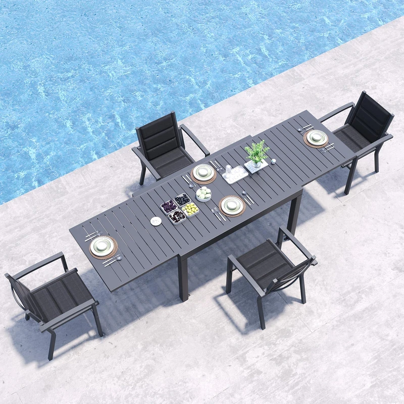 JUMMICO Garden Table and Chairs Set, Extendable Table + 4 Stackable Textilene Chairs, Aluminium Frame Space-Saving Outdoor Dining Set for Patio & Garden – Dark Grey