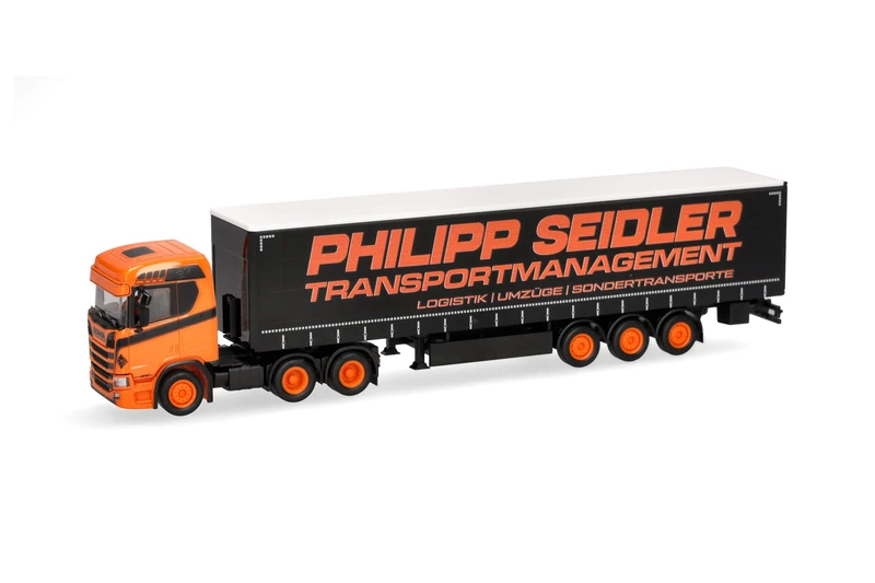 Herpa truck model Scania CR 20 ND curtain canvas semitrailer "Philipp Seidler", on a scale of 1:87, plastic miniature, made in Germany, model building, collectors edition
