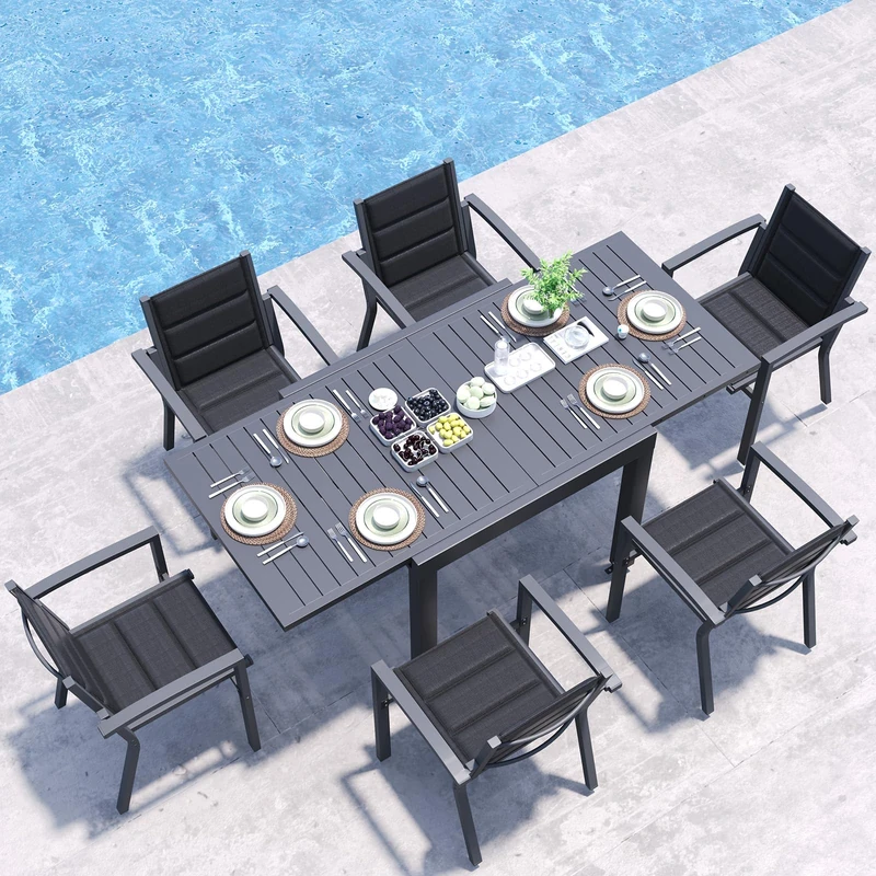 JUMMICO Garden Table and Chairs Set, Extendable Table + 6 Stackable Textilene Chairs, Aluminium Frame Space-Saving Outdoor Dining Set for Patio & Garden – Dark Grey
