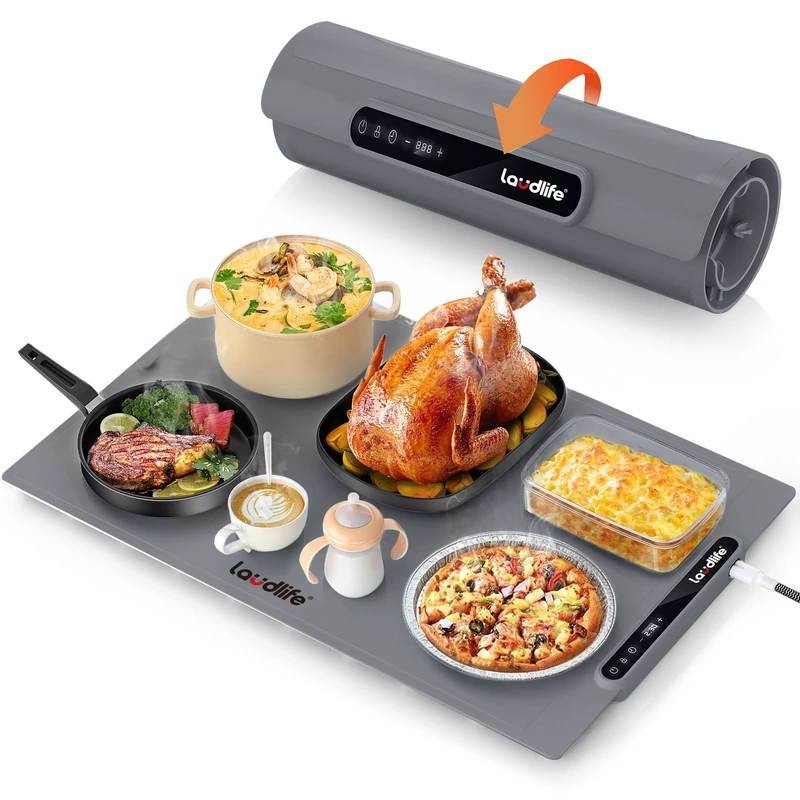 Laudlife Electric Warming Mat for Food, Roll-Up Silicone Heating Pad with 7 Adjustable Tempmaster Levels, Foldable Warming Tray for Countertop,Buffet Party, Kitchen & Home, Child Lock, Dark Grey