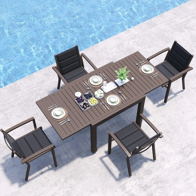 JUMMICO Garden Table and Chairs Set, Extendable Table + 4 Stackable Textilene Chairs, Aluminium Frame Space-Saving Outdoor Dining Set for Patio & Garden – Brown