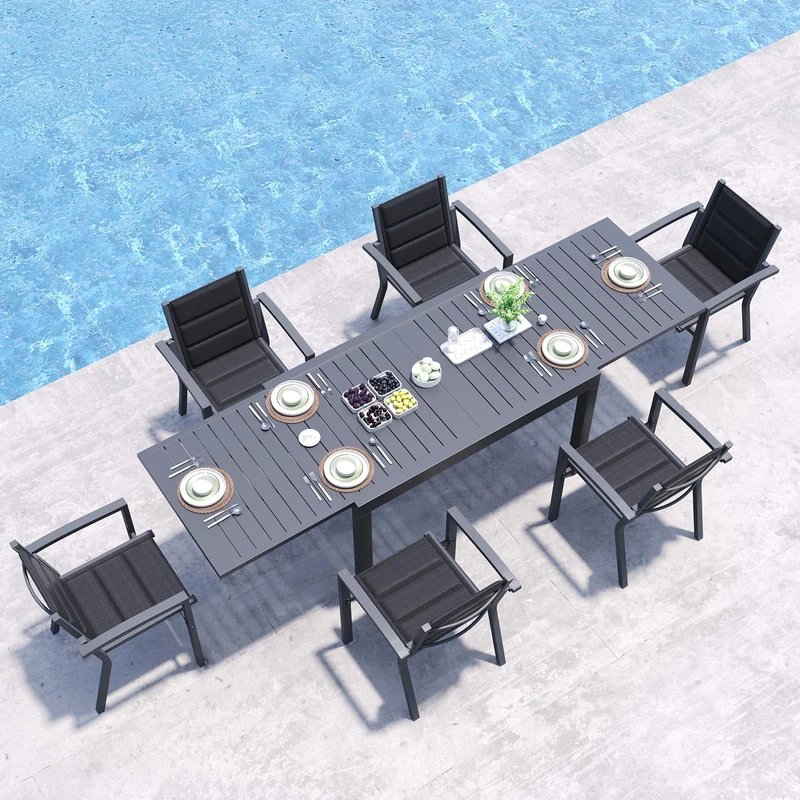 JUMMICO Garden Table and Chairs Set, Extendable Table + 6 Stackable Textilene Chairs, Aluminium Frame Space-Saving Outdoor Dining Set for Patio & Garden – Dark Grey