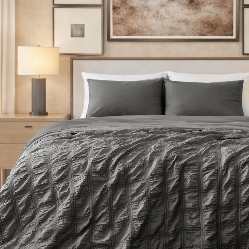 Cozy Bliss Aesthetic Plaid Seersucker Cooling Comforter Queen Size, Lightweight Breathable Cooling Bedding with Q-Max＞0.45 for Summer Bedroom, Hot Sleepers & Night Sweats, Charcoal Grey 90"x90"