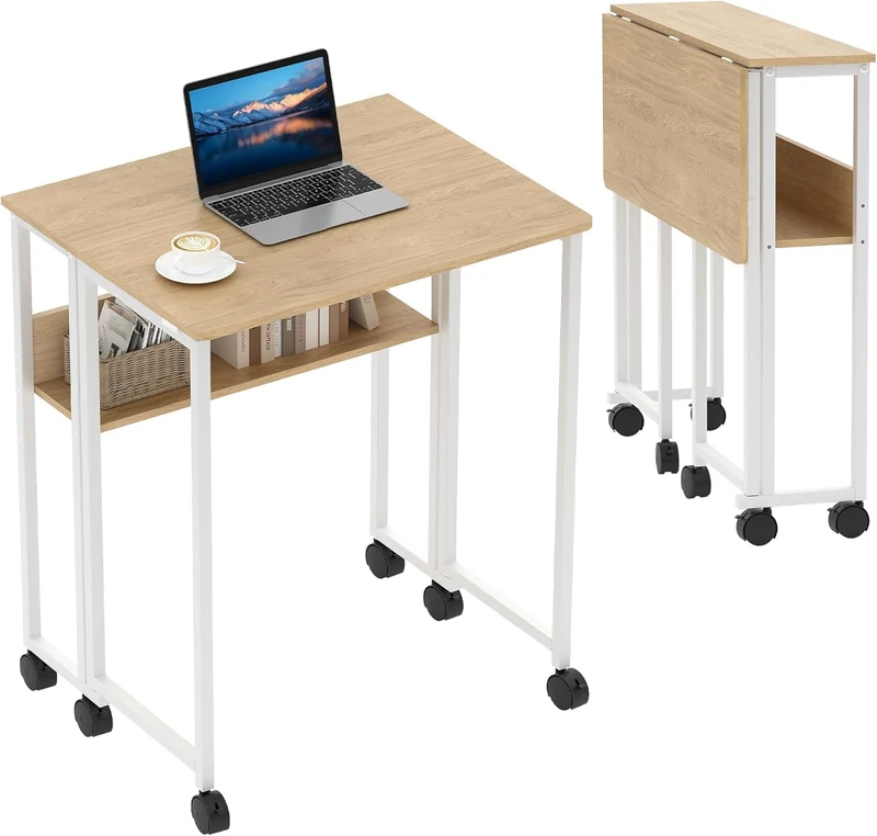 GarveeLife Small Folding Desk with Wheels, 63 x 50 x 75 cm Portable Folding Desk, Folding Desk Table with Storage, Nature
