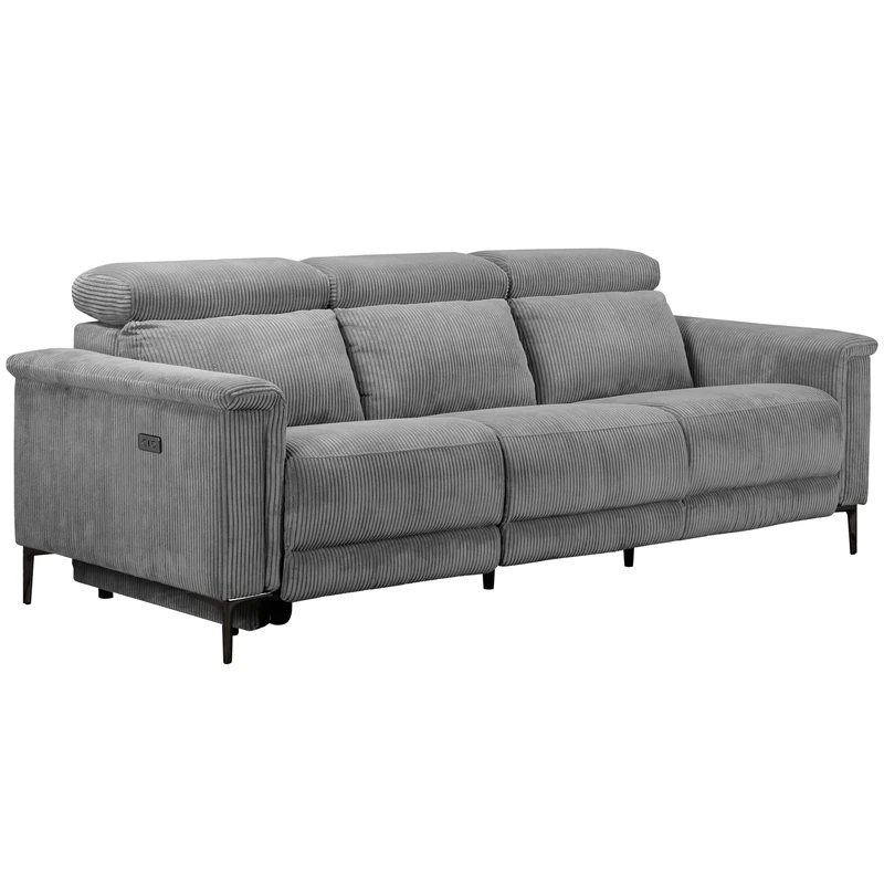 Lund - 3 Seater Sofa with 2 Electrical Recliner Grey Corduroy, 222 x 100 x 97cm (W x D x H)