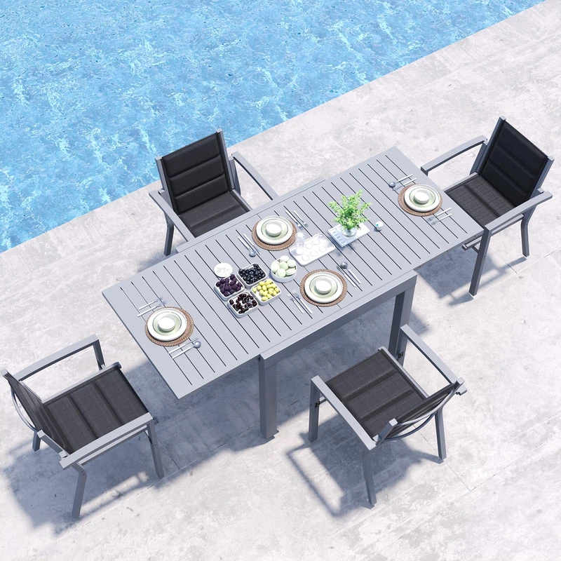 JUMMICO Garden Table and Chairs Set, Extendable Table + 4 Stackable Textilene Chairs, Aluminium Frame Space-Saving Outdoor Dining Set for Patio & Garden, Light Grey