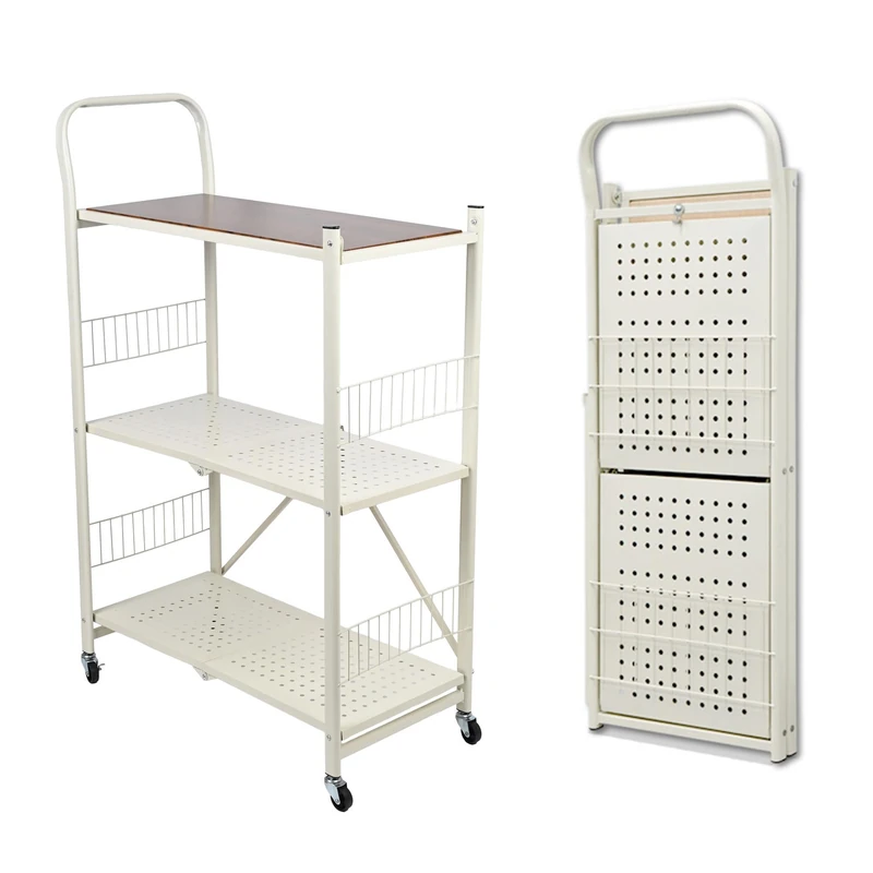 Well Home Shelving Unit – Folding Storage Trolley with 3 Shelves with Wheels, White – 66 x 34.5 x 105 cm