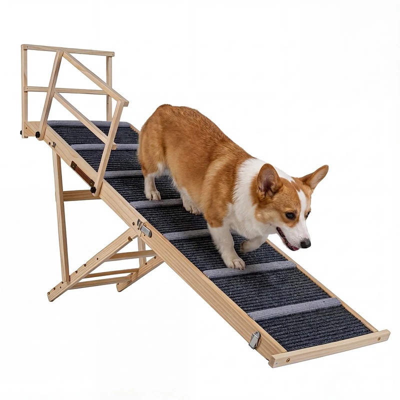 GYMAX Foldable Dog Ramp, 150cm Long Pet Ramp with 6-level Adjustable Heights, Removable Side Rails and Non-slip Carpet, Portable Wood Dog Ladder for High Bed Couch Vehicle