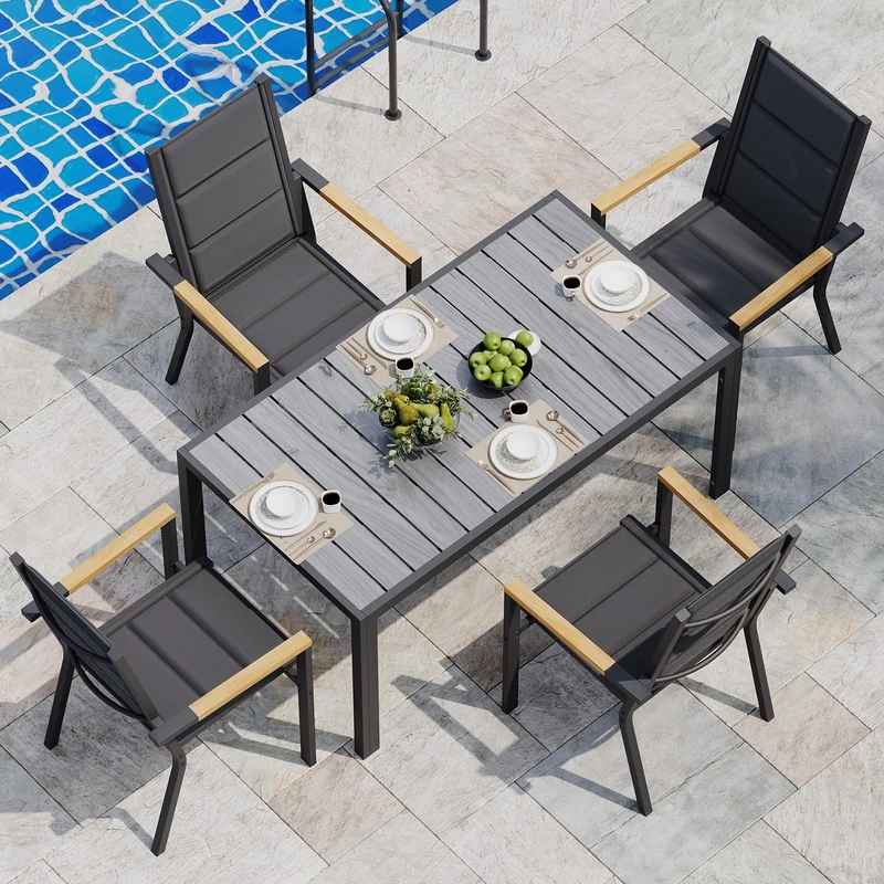 JUMMICO 4-Seater Garden Furniture Set, 189cm Wood Grain Table with 4 Stackable Aluminium Outdoor Chairs, Ideal for Patio, Garden & Poolside, Grey