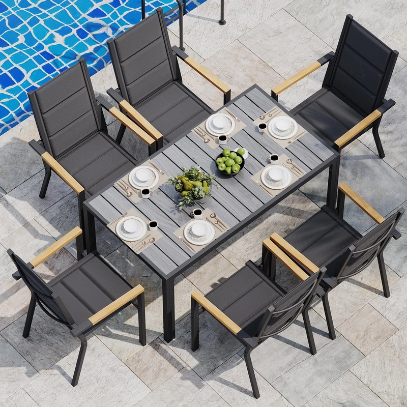 JUMMICO Garden Furniture Set Patio Set Aluminium Frame with Wood-Look PS Tabletop Comfortable High-Back Chairs Easy Assembly