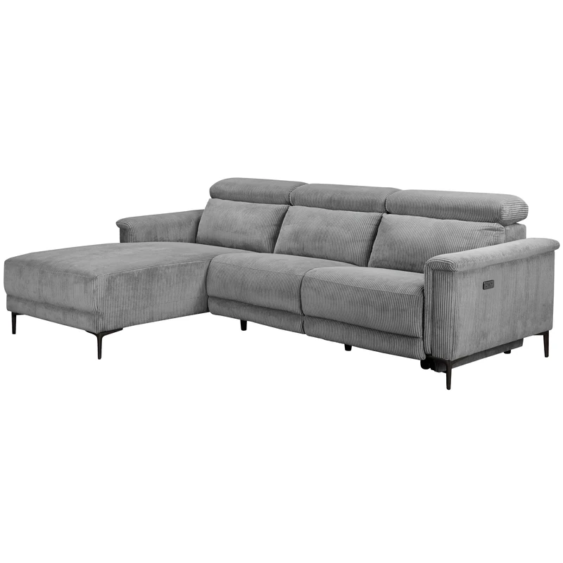 Lund Sofa LShape Left with 1 electrical Recliner Grey Corduroy, 261 x 179 x 97cm (W x H x D)