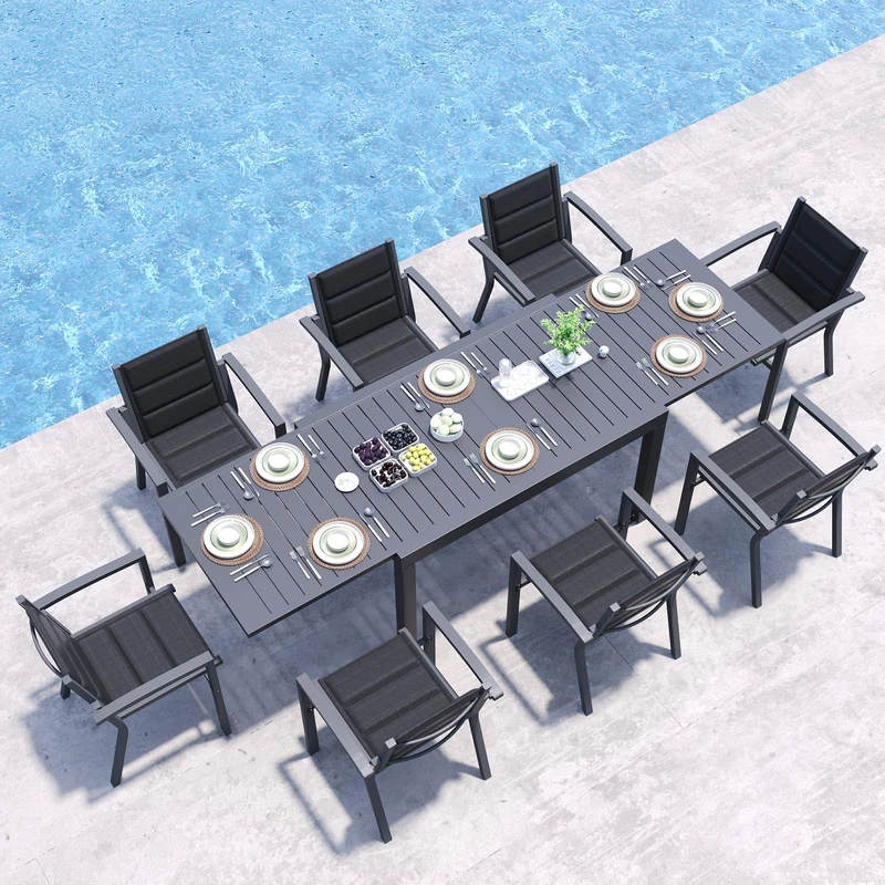 JUMMICO Garden Table and Chairs Set, Extendable Table + 8 Stackable Textilene Chairs, Aluminium Frame Space-Saving Outdoor Dining Set for Patio & Garden – Dark Grey