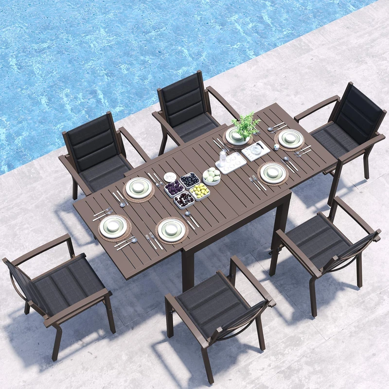 JUMMICO Garden Table and Chairs Set, Extendable Table + 6 Stackable Textilene Chairs, Aluminium Frame Space-Saving Outdoor Dining Set for Patio & Garden – Brown