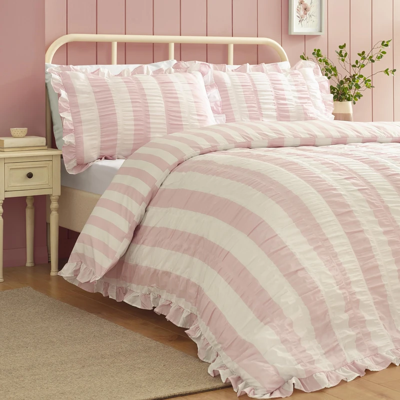 Catherine Lansfield Seersucker Frill Stripe Super King Duvet Cover Set with Pillowcases Pink