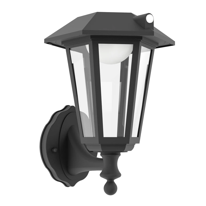 Eglo Solar wall Light Prietta, 800 lumens, Outdoor Front Door lamp with Motion Sensor, Vintage LED Porch Lighting, Black Plastic with Glass, Warm White, IP44