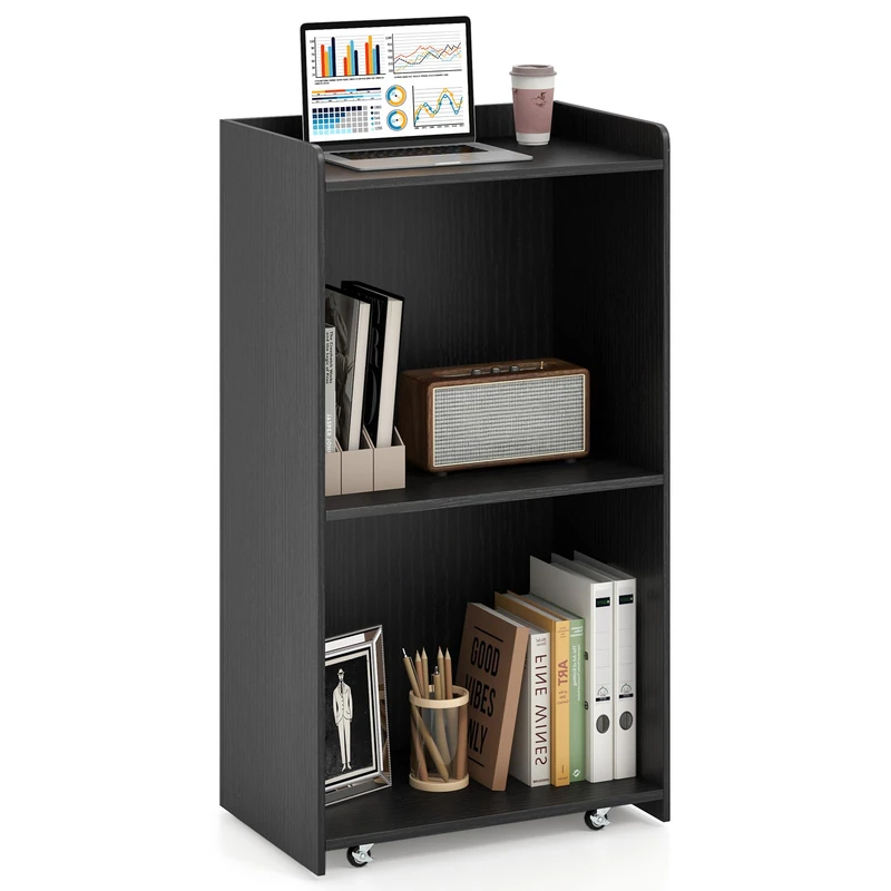 FANTASK Lectern with Wheels and 2 Shelves, Multifunctional Standing Table, Podium Stand for Teaching, Conferences, Worship Services & Seminars, 57.5 x 37 x 105 cm (Black) - Image 1