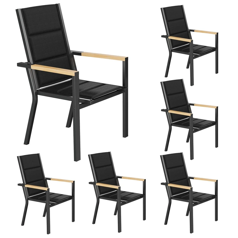 JUMMICO Stackable Garden Chair, Full Aluminium Frame with Comfort Seat, Sturdy Design & Wood-Look Armrests for Patio, Garden and Pool Area