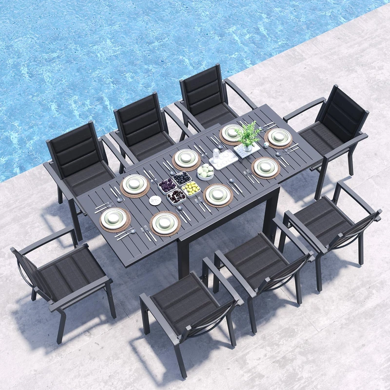 JUMMICO Extendable Garden Table + 8 Stackable Textilene Chairs – Aluminium Frame, Space-Saving Outdoor Dining Set for Patio, Garden – Dark Grey