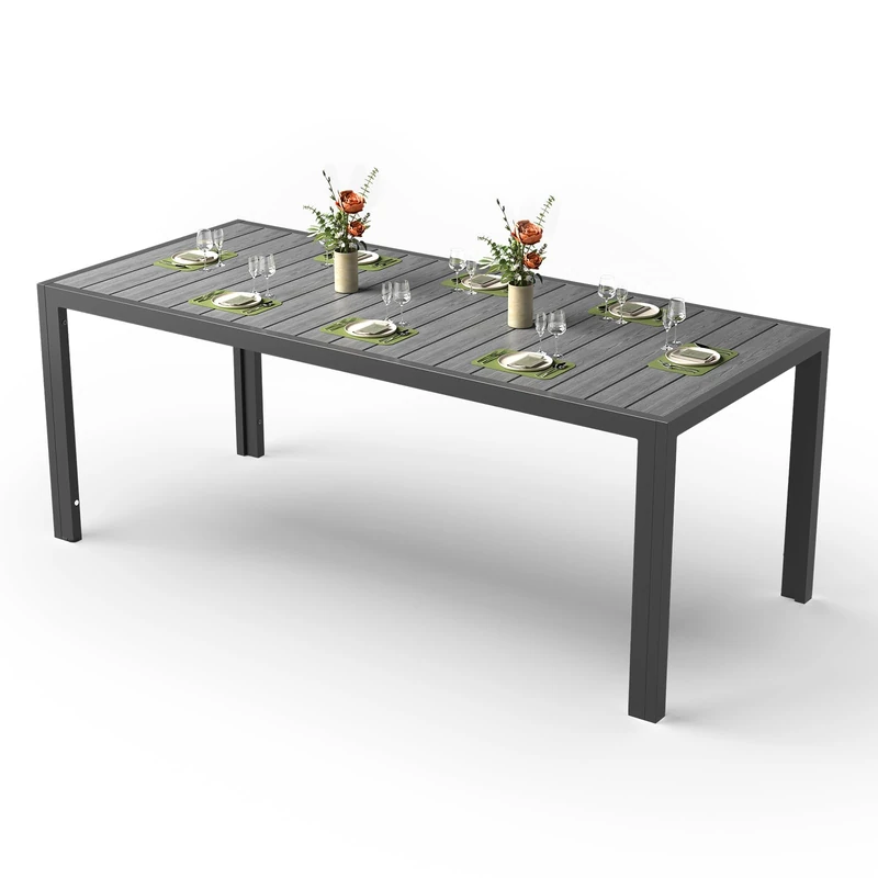 JUMMICO HDPS Wood Grain Garden Dining Table, Heavy Duty Weatherproof Aluminium Outdoor Table, Easy Maintenance, Seats 6-8 People, for Patio, Garden - Grey 189x80x72cm