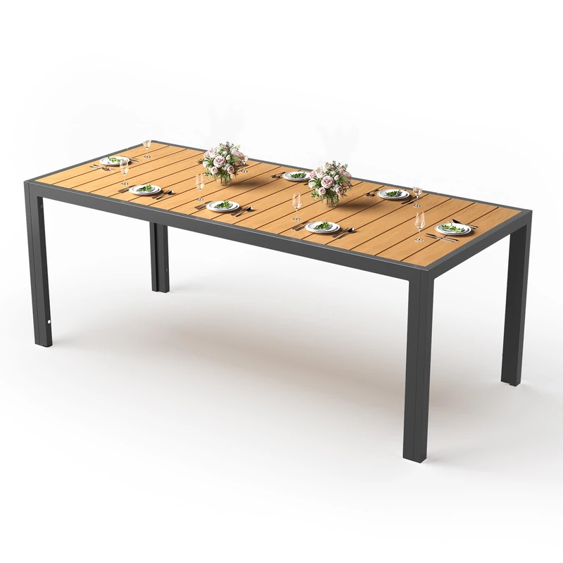JUMMICO HDPS Wood Grain Garden Dining Table, Heavy Duty Weatherproof Aluminium Outdoor Table, Easy Maintenance, Seats 6-8 People, for Patio, Garden - Teak 189x80x72cm