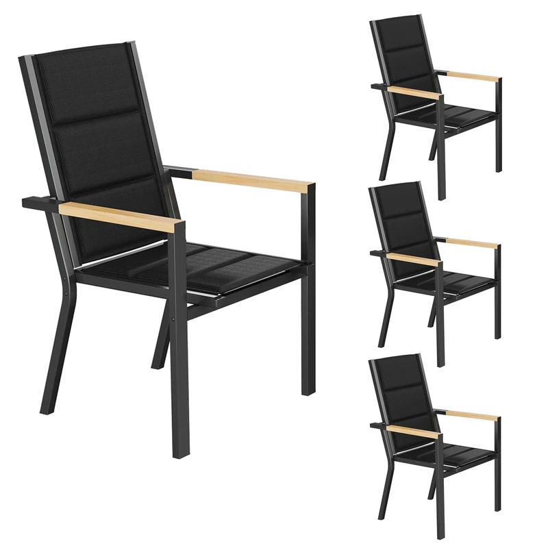 JUMMICO Stackable Garden Chair, Full Aluminium Frame with Comfort Seat, Sturdy Design & Wood-Look Armrests for Patio, Garden and Pool Area