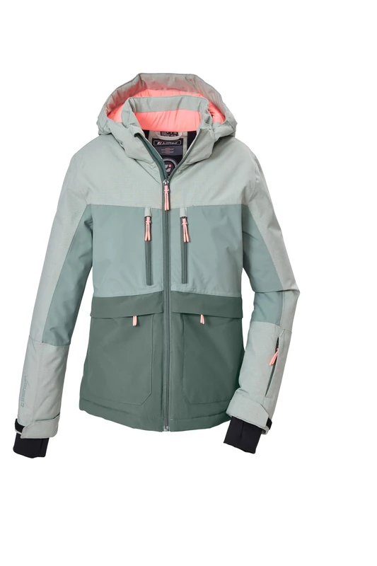 killtec KOW 160 GRLS JCKT Girls' Functional Ski Jacket with Removable Hood, Straps and Snow Guard, Soft Sage, 128, 44782-000
