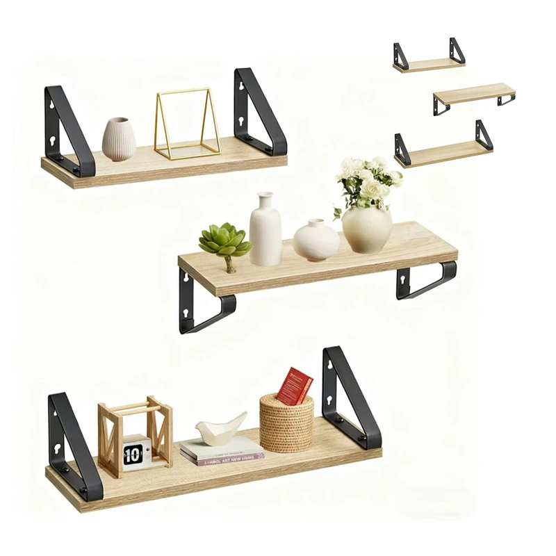 Relaxdays Floating Wall Shelves Set of 6, Wood-Effect & Metal, 30/35/40 cm, Natural