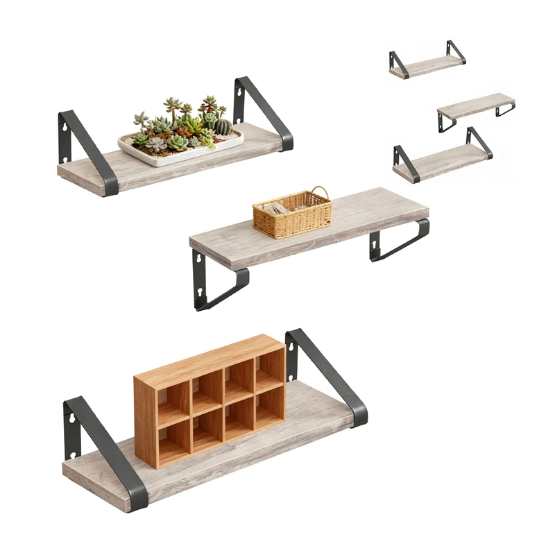 Relaxdays Wall Shelves Set of 6, Wood & Metal, 30/35/40 cm Wide, for Books & Decor, Greige, 11x40x12 cm