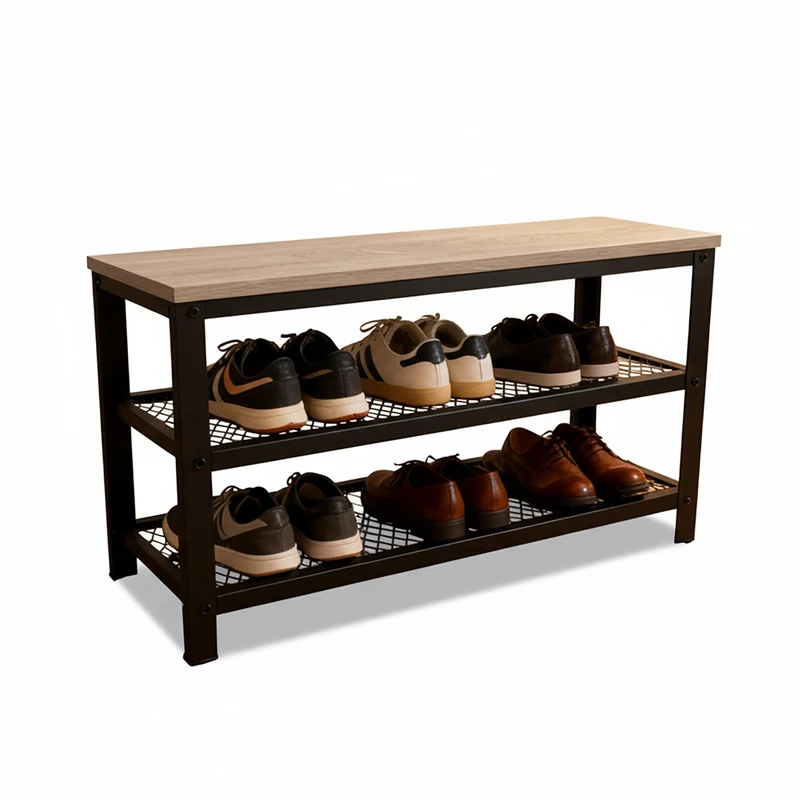 Relaxdays Shoe Bench with 2 Wire Shelves, Wood-Effect Seat, Holds 6 Pairs, 45x73x30 cm, Light Brown/Black