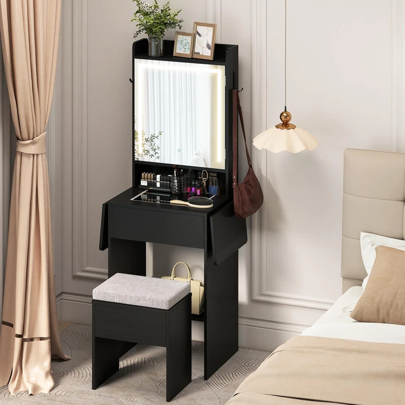 RELAX4LIFE Dressing Table with 3-Color LED Lights Mirror and Stool, Drop-Leaf Vanity Cosmetics Table Set with Charging Station, Glass Top, Cabinet & Drawer, Wooden Dressing Desk Set (Black)