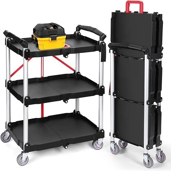 Garvee Robust Folding Serving Trolley – 80 kg – Wheels – Ergonomic Red Handle – Utility Cart for Storage (Home, Office, Garage)