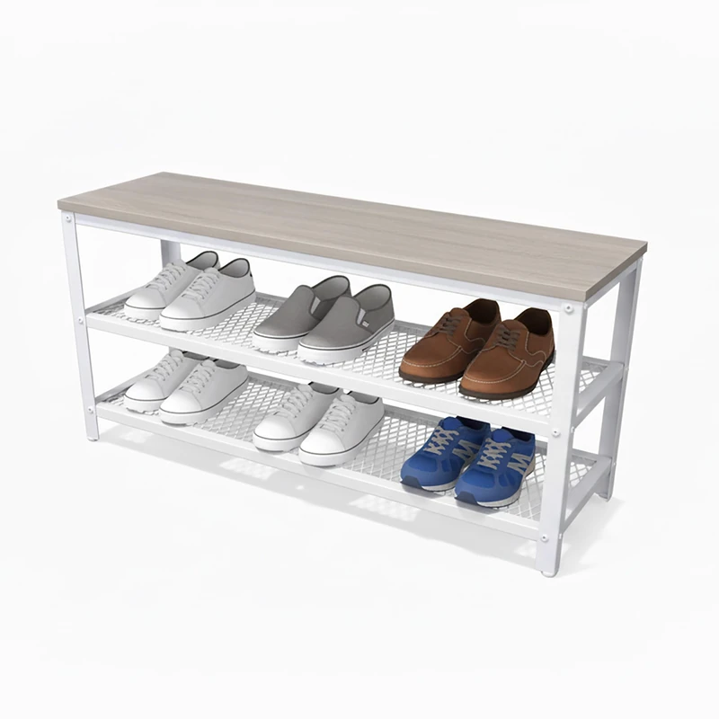 Relaxdays Shoe Bench for 8 Pairs, 45x100x30cm, 2 Wire Shelves, Wood-Effect Seat, Light Brown/White, XL