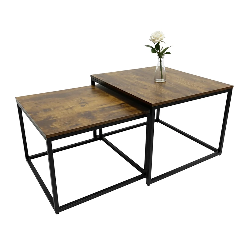Relaxdays 2-Piece Nesting Side Tables, Industrial Wood-Effect Tops, Brown/Black, 65 & 75 cm