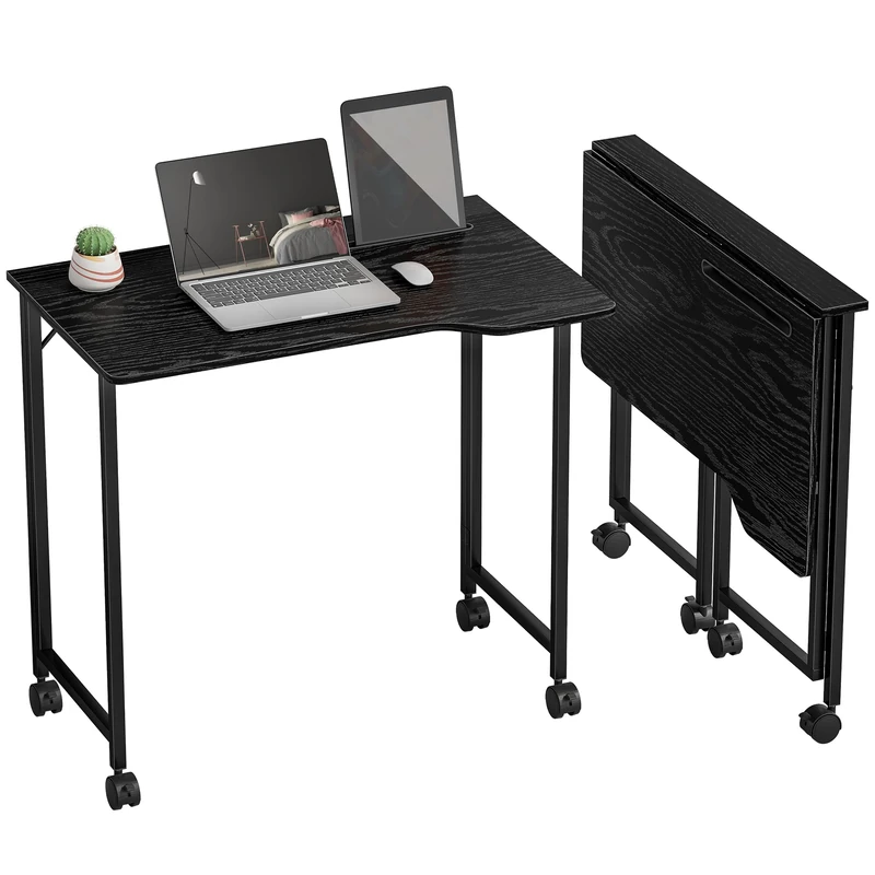 HOMCOM Small Folding Desk, 80 cm Foldable Computer Desk on Wheels for Small Space, Space Saving Writing Table with Device Slot for Home Office, Bedroom, Easy Assembly, Black Wood Effect