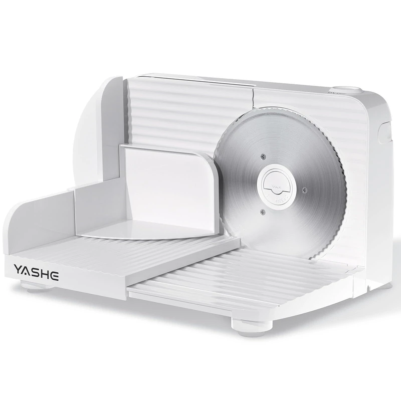YASHE Foldable Electric Food Slicer, 180W Meat Slicer with Adjustable Thickness 0–15 mm, 17 cm Stainless Steel Blade, Compact & Easy to Store for Meat, Cheese, Bread & Vegetables, White