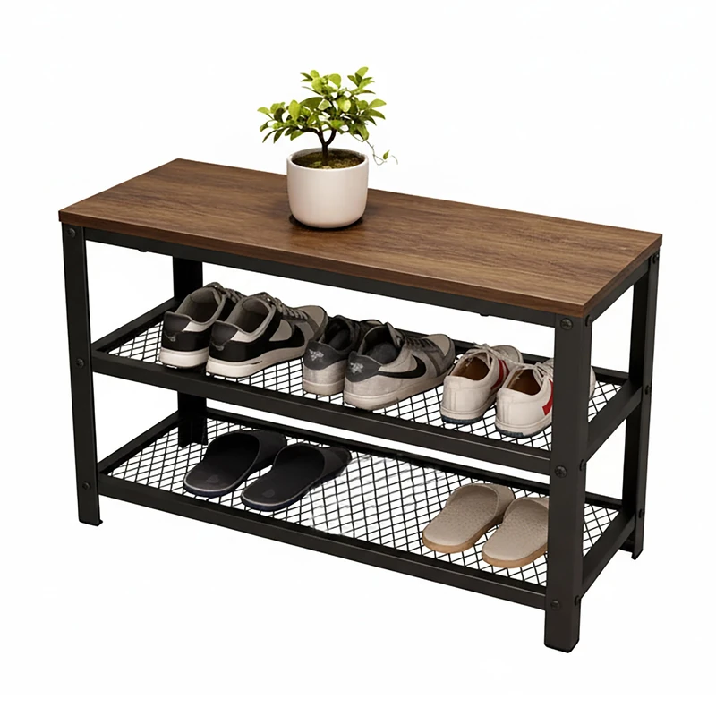 Relaxdays Shoe Bench for 6 Pairs, 45x73x30 cm, Mesh Shelves, Wood-Effect Seat, Brown/Black
