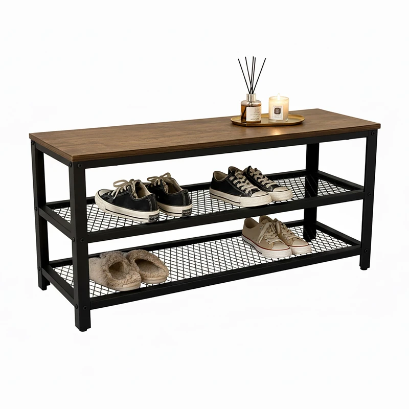 Relaxdays Shoe Bench for 8 Pairs, 2 Wire Shelves, Wood-Effect Seat, HxWxD: 45x100x30 cm, Brown/Black