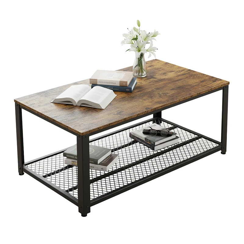 Relaxdays Industrial Coffee Table with Wood Effect, Mesh Shelf, 45x106x60 cm, Brown/Black