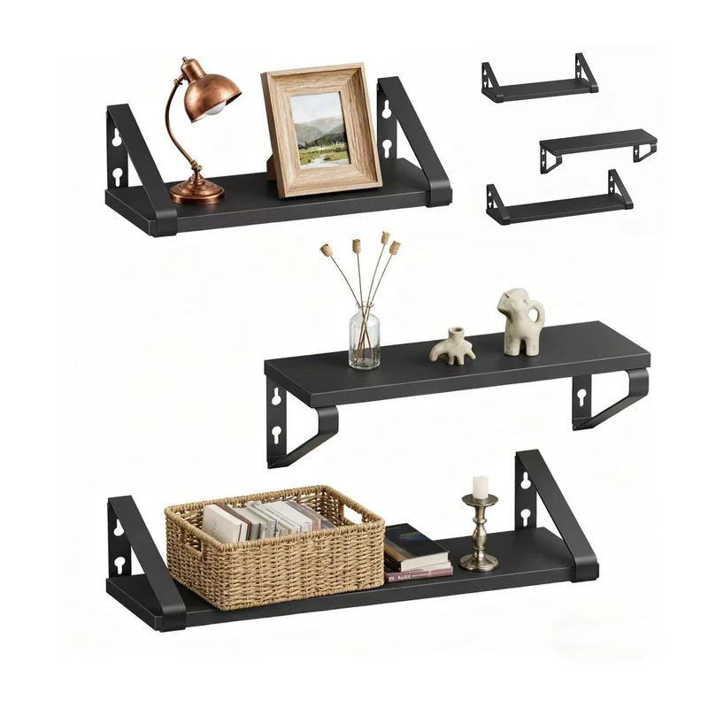 Relaxdays Wall Shelf Set of 6 – Wood-Effect & Metal, 30/35/40 cm, Multi-Size, Book & Decor Storage, Black