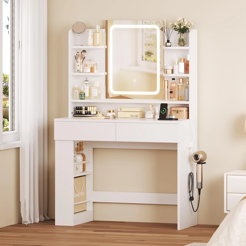 IRONCK Dressing Table with LED Mirror, Vanity Desk with Power Outlets, 2 Drawers, 5 Storage Shelves and 1 Sideboard, Makeup Desk with Adjustable 3-Colour Lighting (White)