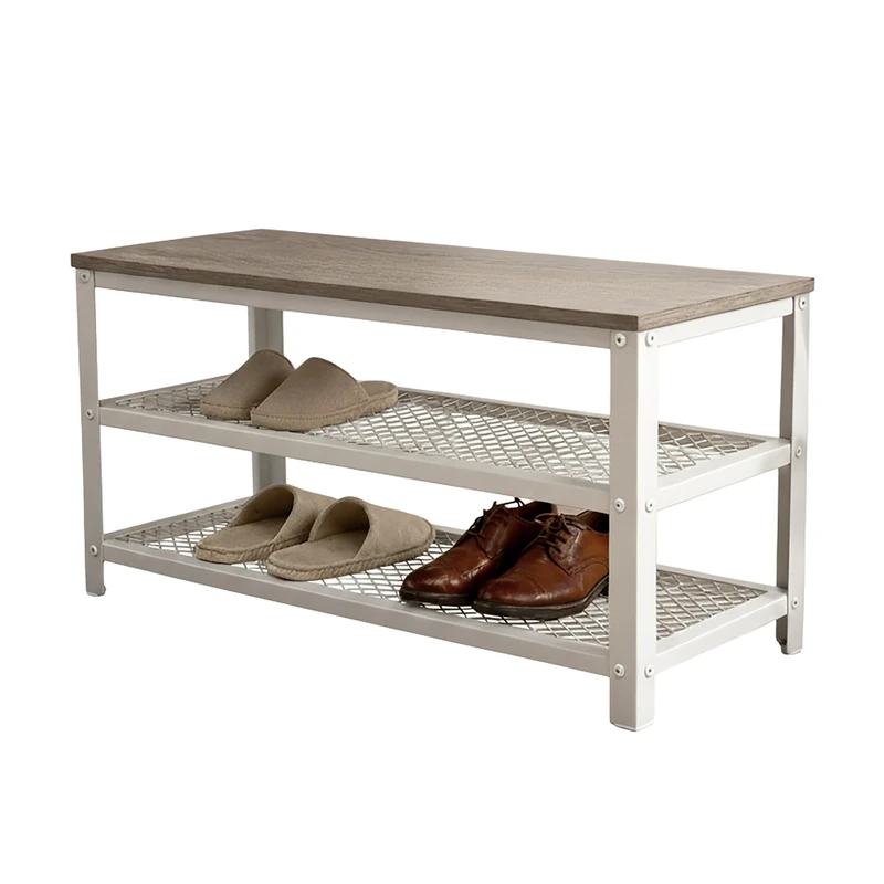 Relaxdays Shoe Bench for 6 Pairs, 2 Wire Shelves, Wood-Effect Seat, 45x73x30 cm, Light Brown and White