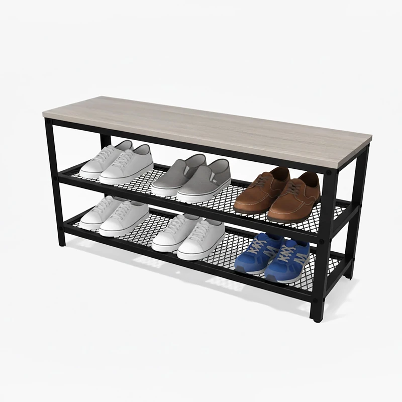 Relaxdays Shoe Bench for 8 Pairs, 45x100x30 cm, 2 Mesh Shelves, Wood-Look Seat, Light Brown/Black