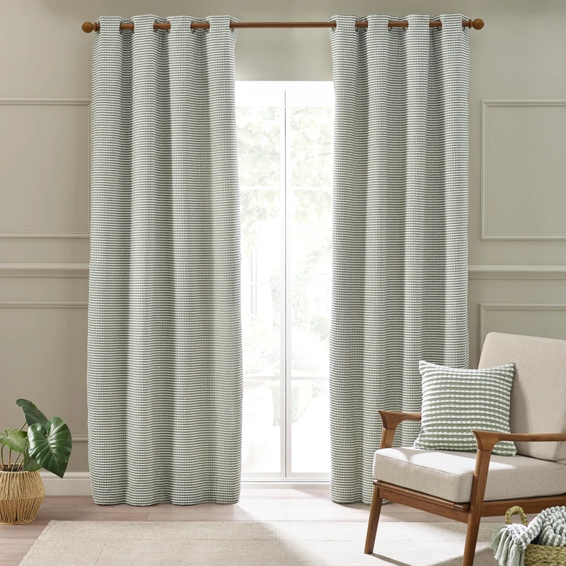 Catherine Lansfield Stab Stitch 66x54 Inch Lined Eyelet Curtains Two Panels Sage Green